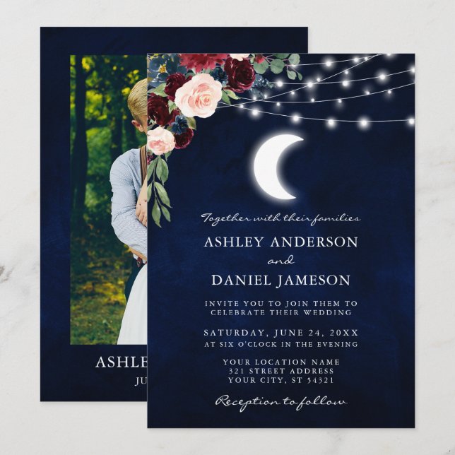 Celestial Moon Floral Lights Foto Hochzeit Einladung (Vorne/Hinten)
