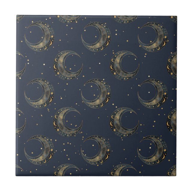 Celestial Moon Gold Starry Night Pattern (1) Fliese (Vorderseite)