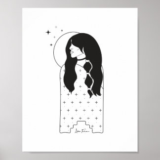 Celestial Moon Maiden Black and White Print Poster