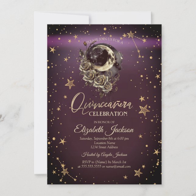 Celestial Moon Roses Stars Burgundy Quinceanera Einladung (Vorderseite)