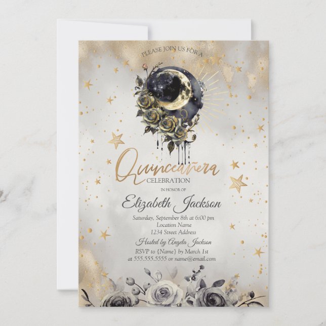 Celestial  Moon Roses Stars Quinceanera  Einladung (Vorderseite)