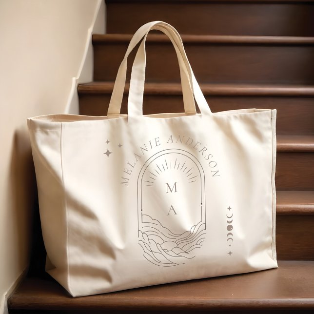 Celestial Moon Star Monogram Boho Bridesmaid Name Jumbo Stoffbeutel (Celestial Moon Star Monogram Boho Bridesmaid Name Large Tote Bag)