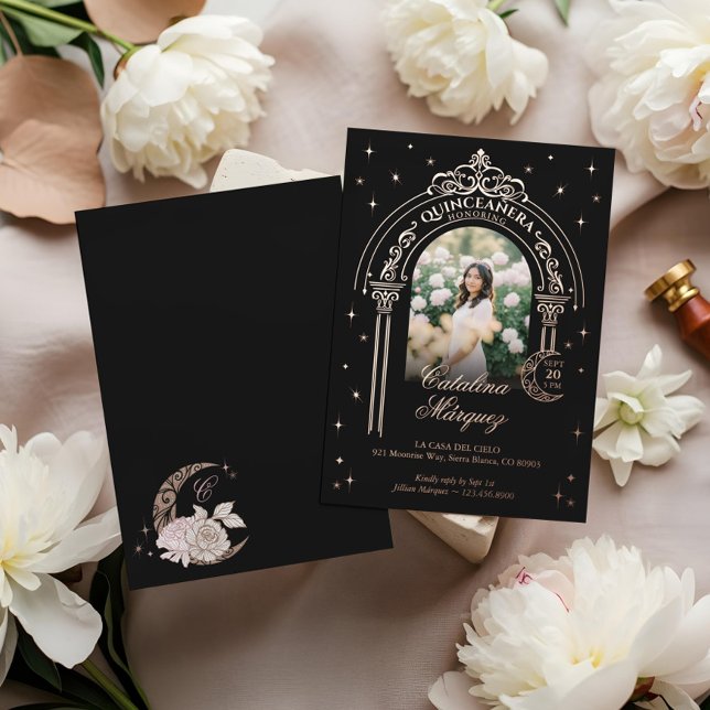 Celestial Moon Star Tiara Arch Foto Quinceañera Folieneinladung (Celestial Moon Star Tiara Arch Photo Quinceañera Foil Invitation)