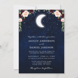 Celestial Moon Stars Burgundy Floral Wedding Einladung