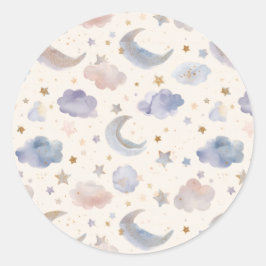 Celestial Moon Stars Clouds Pastel Lavender Runder Aufkleber