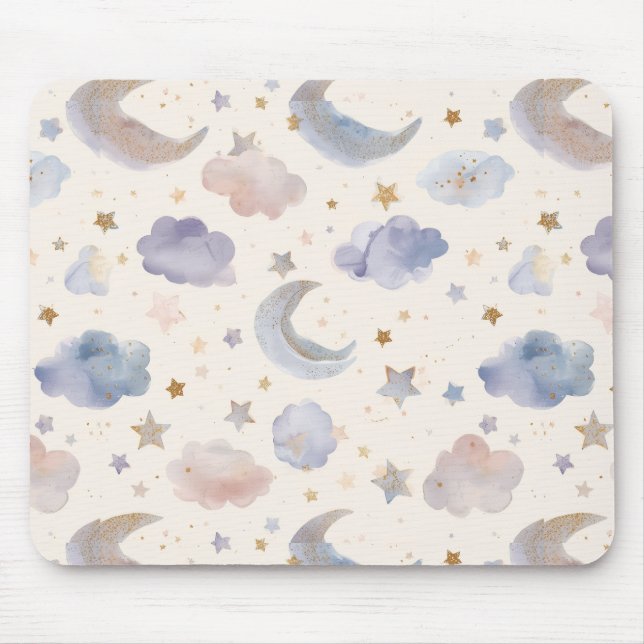 Celestial Moon Stars Clouds Watercolor Pastel Mousepad (Vorne)