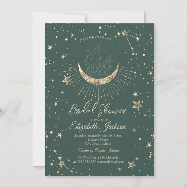 Celestial Moon,Stars Diamond Green Bridal Shower  Einladung (Vorderseite)