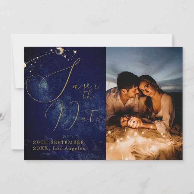 Celestial Moon Stars Elegantes Foto Hochzeit Save The Date (Vorderseite)