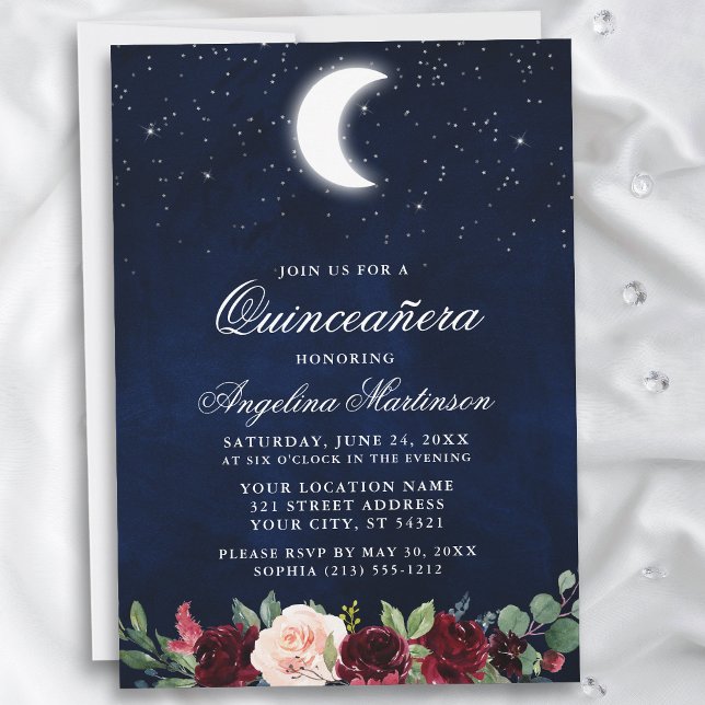 Celestial Moon Stars Floral Quinceanera Einladung (Customize to add text or a photo to back of card.)
