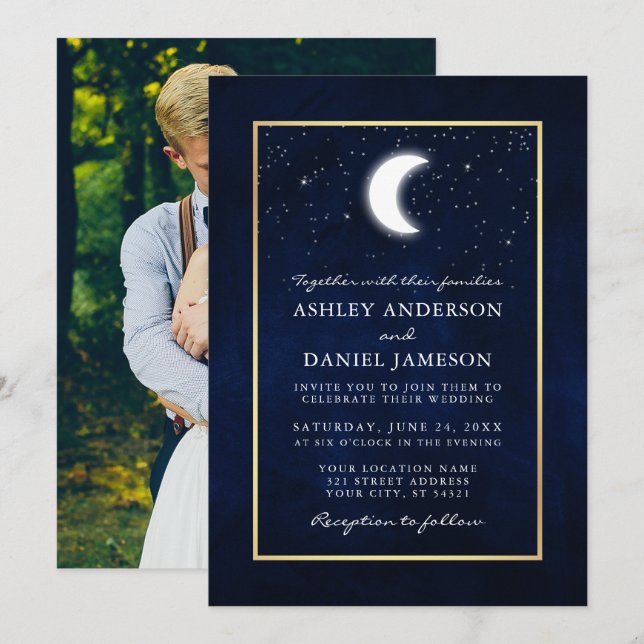 Celestial Moon Stars Foto Gold Frame Wedding Einladung (Vorne/Hinten)