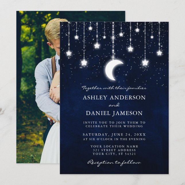 Celestial Moon Stars Foto String Lights Wedding Einladung (Vorne/Hinten)