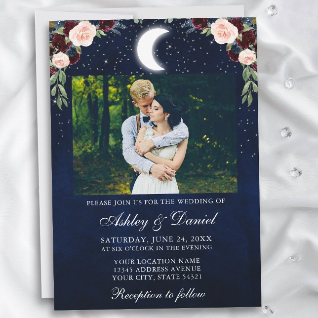 Celestial Moon Stars Foto Wedding Einladung (Customize to add more text or more photos to back of card.)
