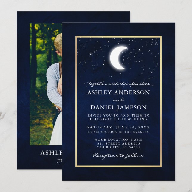 Celestial Moon Stars Gold Foto Wedding Einladung (Vorne/Hinten)