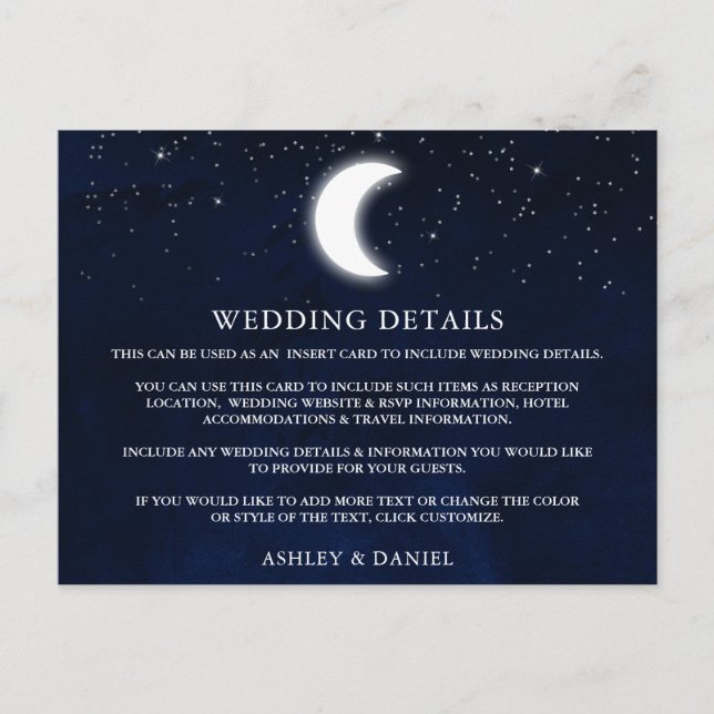Celestial Moon Stars Hochzeitdetails Beipackkarte Postkarte (Vorderseite)