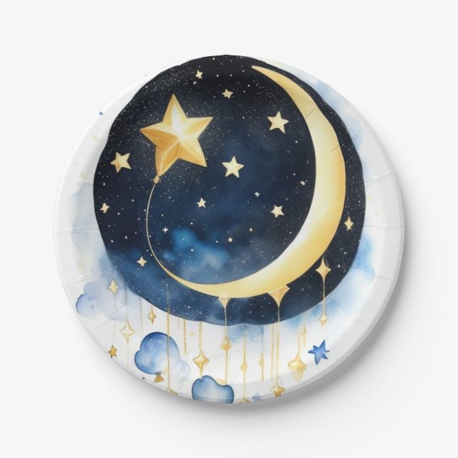 Celestial Moon Stars Kinderdusche Thema Wasserfarb Pappteller (Vorderseite)