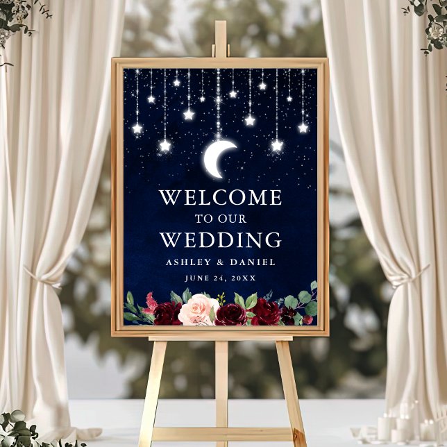 Celestial Moon Stars Lights Floral Wedding Willkom Poster (Customize to change text color, text size, text style or size of poster.)