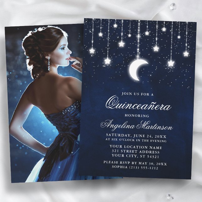 Celestial Moon Stars Lights Foto Quinceanera Einladung (Customize to change text size or text style.)