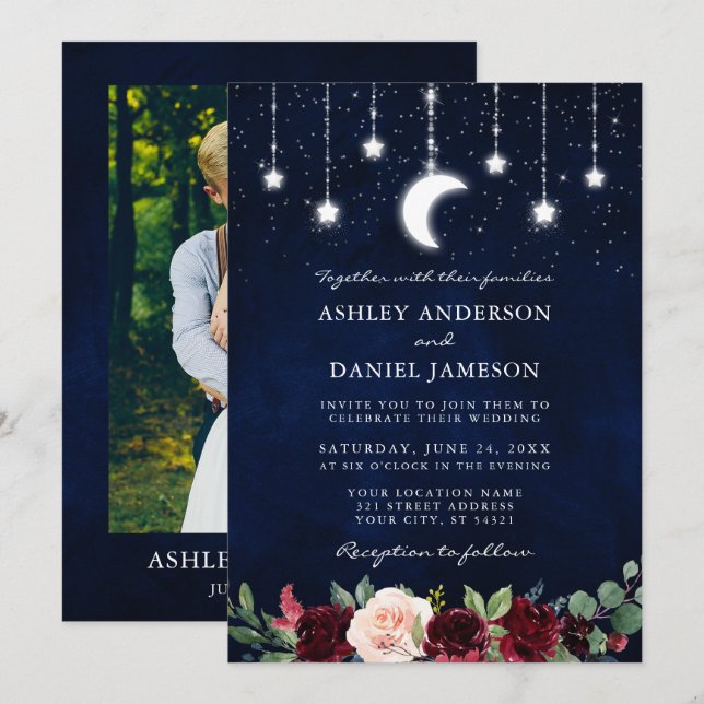 Celestial Moon Stars Lights Hochzeitliches Foto Einladung (Vorne/Hinten)