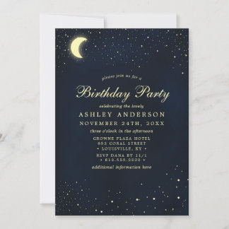 Celestial Moon Stars Midnight Blue Birthday Party Einladung