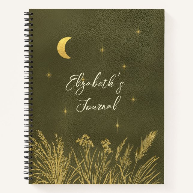Celestial Moon Stars Personalisiert Green Journal Notizbuch (Vorderseite)