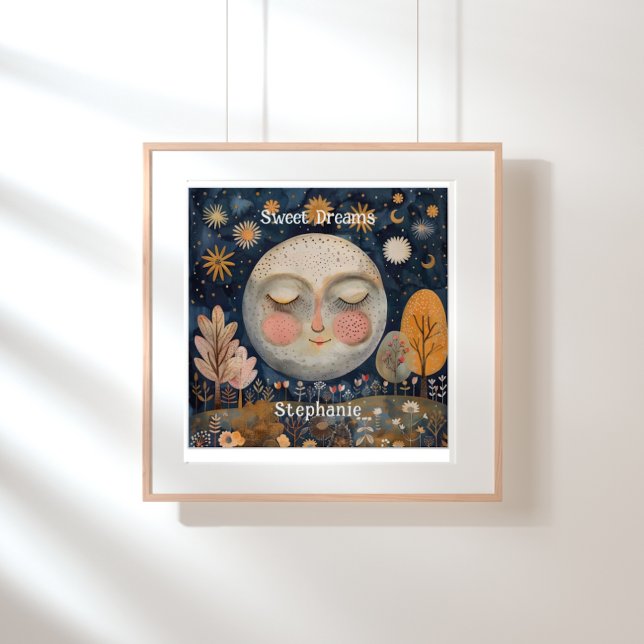 Celestial Moon Sweet Dreams Kinder Individuelle Na Poster (Celestial Moon Kids Custom Name Cute Poster)