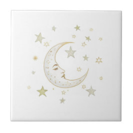 Celestial Moon with Face & Stars Gold Silver White Fliese