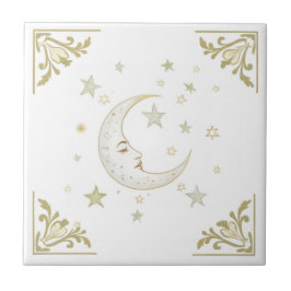 Celestial Moon with Face & Stars Gold White Delft Fliese