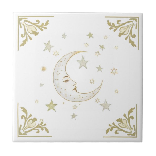 Celestial Moon with Face & Stars Gold White Delft Fliese (Vorderseite)