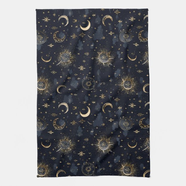 Celestial Moons & Stars Wrapping Paper Gold/Navy Geschirrtuch (Vertikal)