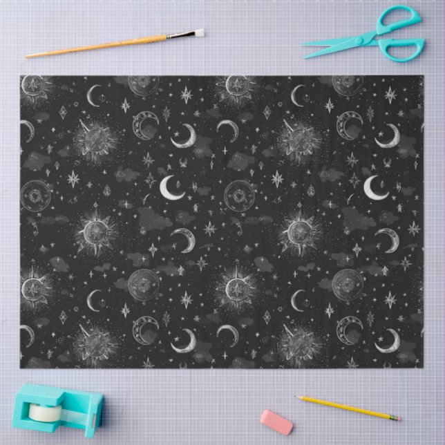 Celestial Moons & Stars Wrapping Paper Monochrome Seidenpapier (Basteln)