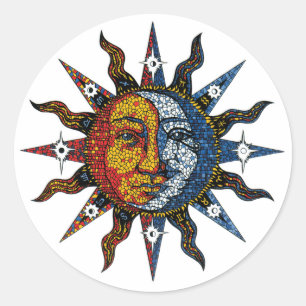 Celestial Mosaic Sun und Moon Runder Aufkleber
