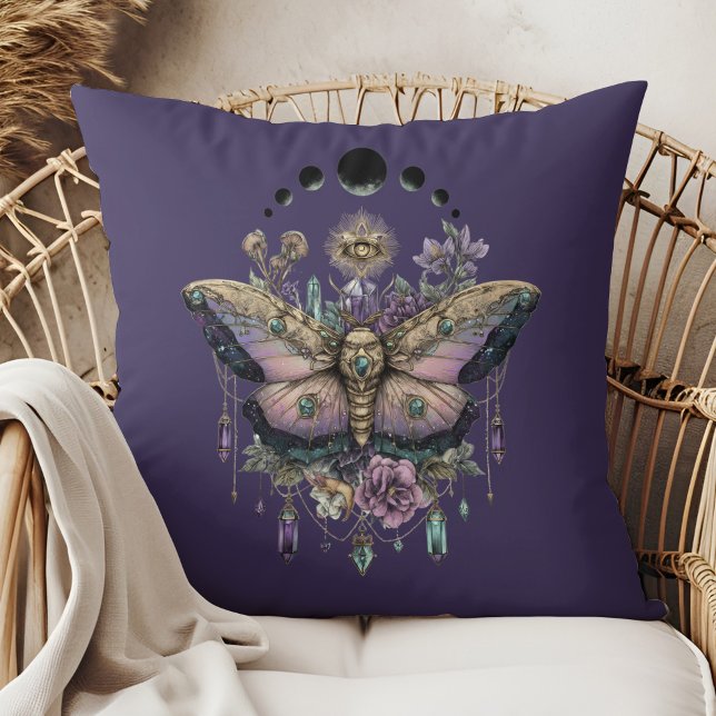 Celestial Moth Moon Phases Throw Pillow Kissen (Celestial Moth Moon Phases Throw Pillow in a boho rattan armchair.)