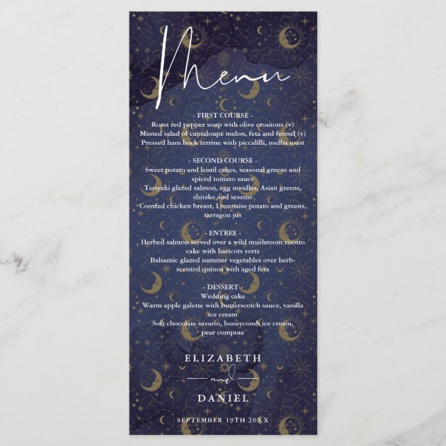 Celestial Mystical Elegante Script Hochzeitsessen Menükarte (Vorderseite)
