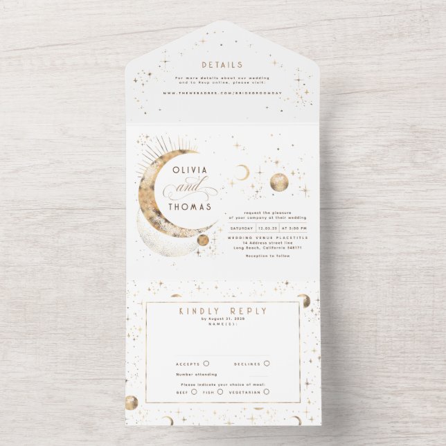 Celestial Mystical Moon Stars Halo Wedding All In One Einladung (Innen Boden)