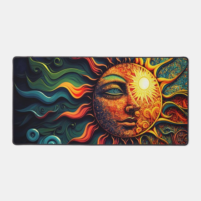 Celestial Mystical Painted Künstlerisch Sun Face Schreibtischunterlage (Vorderseite)