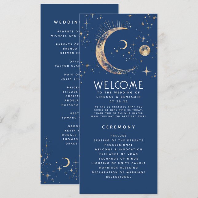 Celestial Navy Blue and Gold Hochzeitsprogramme Programm (Vorne/Hinten)