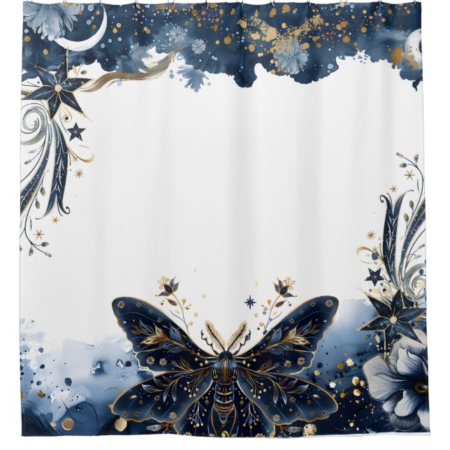 Celestial Navy Blue and Gold Moth Duschvorhang (Vorderseite)