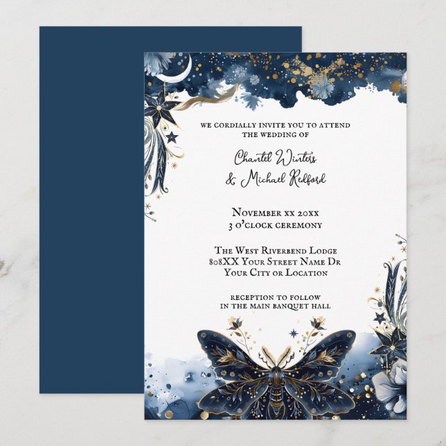 Celestial Navy Blue and Gold Moth Romantic Wedding Einladung (Vorne/Hinten)