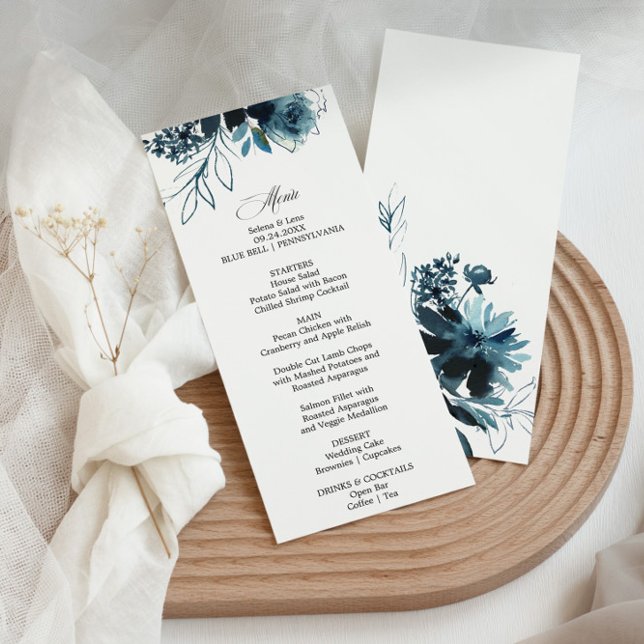 Celestial Navy Blue Floral Dinner Menu Card Einladung (Von Creator hochgeladen)