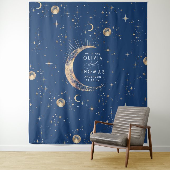Celestial Navy Blue Gold Mystical Wedding Backgrou Wandteppich (Beispiel)