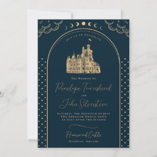 Celestial Navy Blue Gold Vintag Castle Wedding Einladung