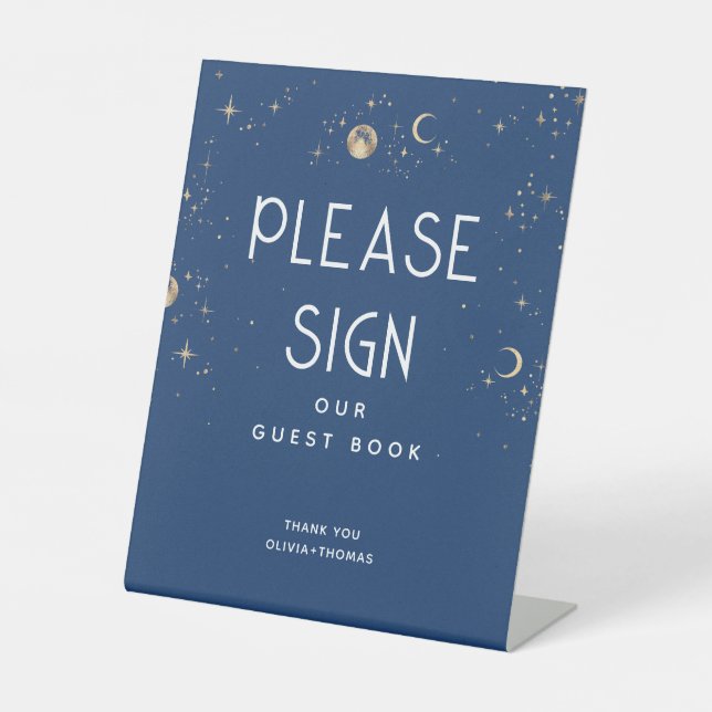Celestial Navy Blue Wedding Sign Our Guest Book Sockelschild (Vorderseite)