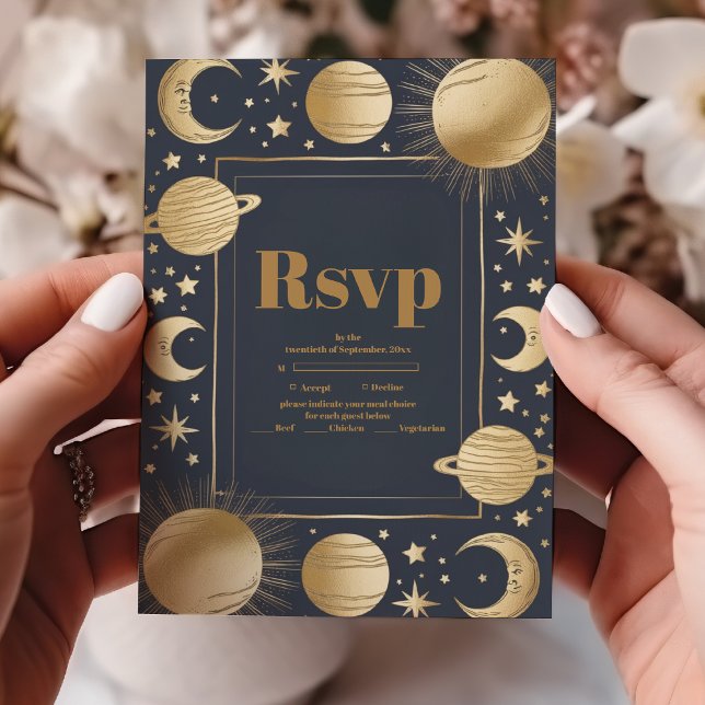 Celestial Navy Gold Crescent Moon Wedding RSVP Karte (Von Creator hochgeladen)