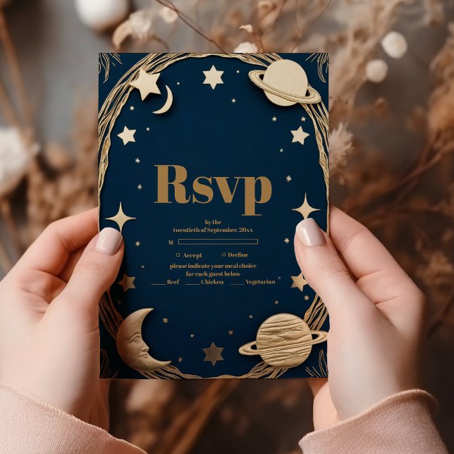 Celestial Navy Gold Crescent Moon Wedding RSVP Karte (Von Creator hochgeladen)