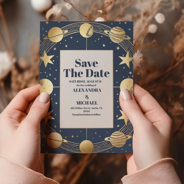 Celestial Navy Gold Crescent Moon Wedding Save The Date (Von Creator hochgeladen)