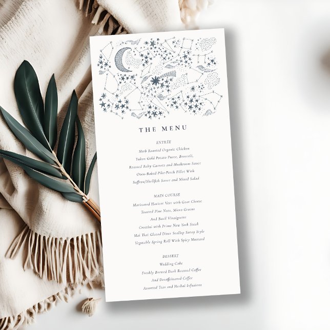 Celestial Navy Starry Night Moon Wedding Menu Card Dankeskarte (Von Creator hochgeladen)