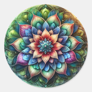 Celestial Neon Mandala mit lebendiger Abstrakter Runder Aufkleber