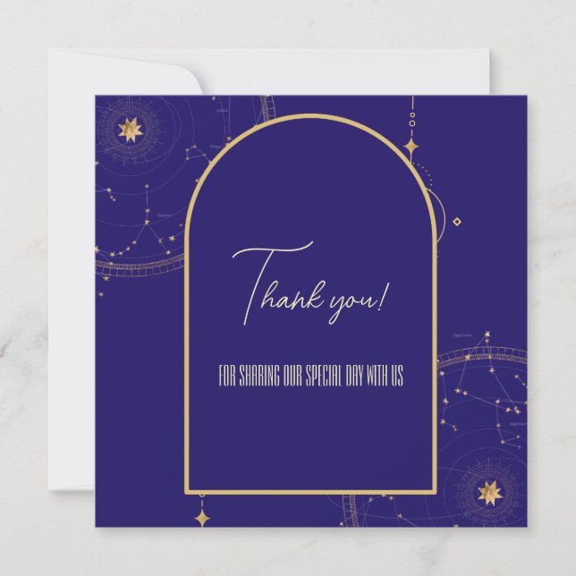 Celestial Night Sky Navy Blue and Gold Wedding Dankeskarte (Vorderseite)