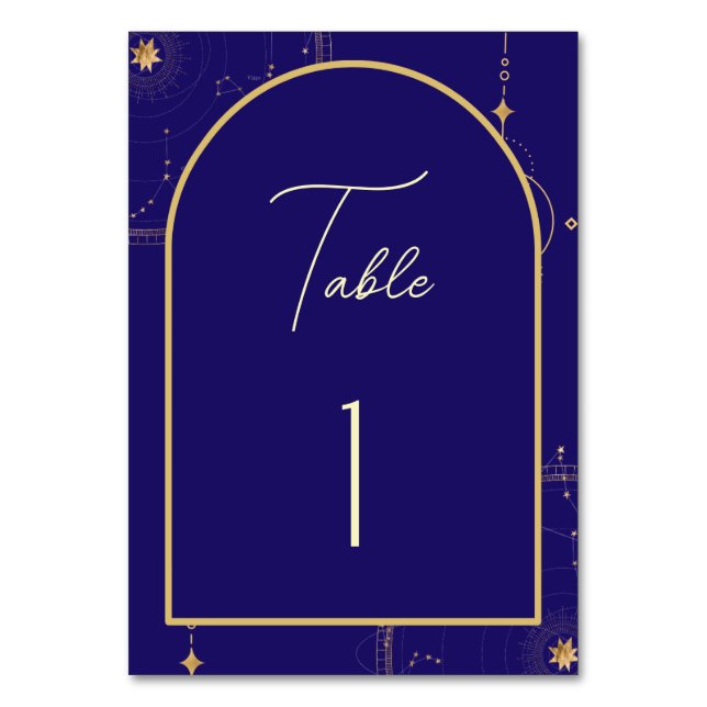 Celestial Night Sky Navy Blue and Gold Wedding Tischnummer (Vorderseite)