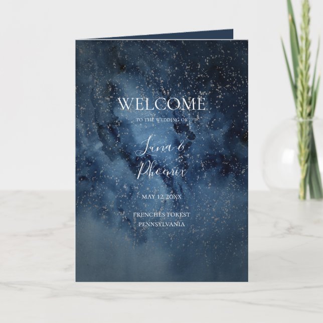 Celestial Night Sky | Silber geklappte Hochzeit Programm (Vorderseite)